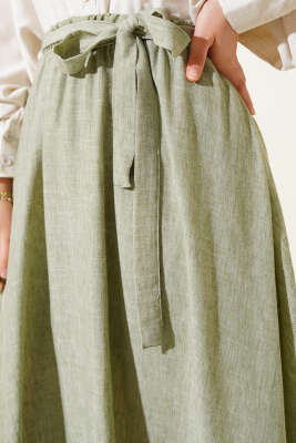 Bel Lastikli Kuşaklı Etek Haki - Uzun Etek