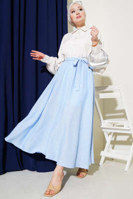 Bel Lastikli Kuşaklı Etek Mavi - Uzun Etek