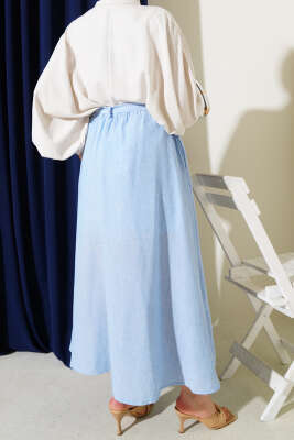 Bel Lastikli Kuşaklı Etek Mavi - Uzun Etek
