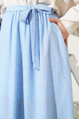 Bel Lastikli Kuşaklı Etek Mavi - Uzun Etek