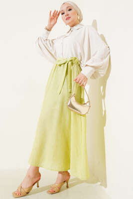 Bel Lastikli Kuşaklı Etek Yeşil - Uzun Etek