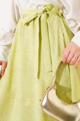 Bel Lastikli Kuşaklı Etek Yeşil - Uzun Etek