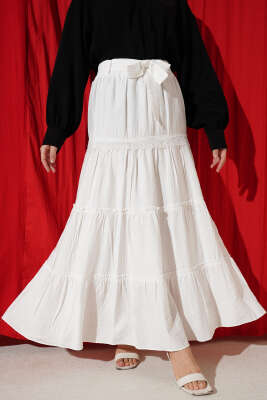 Bel Lastikli Kuşaklı Güpür Detay Etek Beyaz - ALİ AKKAYA