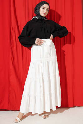 Bel Lastikli Kuşaklı Güpür Detay Etek Beyaz - Etek