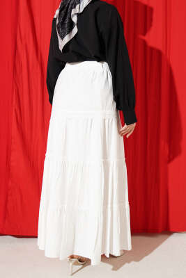 Bel Lastikli Kuşaklı Güpür Detay Etek Beyaz - Etek