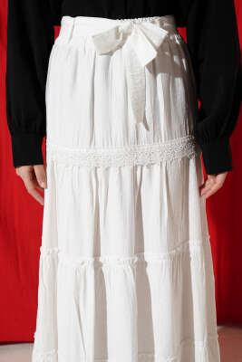 Bel Lastikli Kuşaklı Güpür Detay Etek Beyaz - Etek