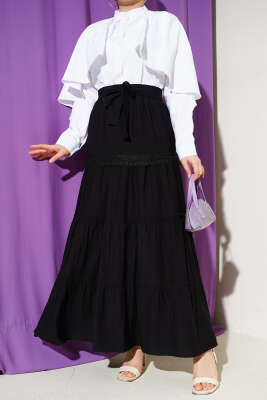 Bel Lastikli Kuşaklı Güpür Detay Etek Siyah 