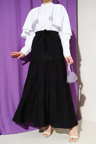 Bel Lastikli Kuşaklı Güpür Detay Etek Siyah - Etek