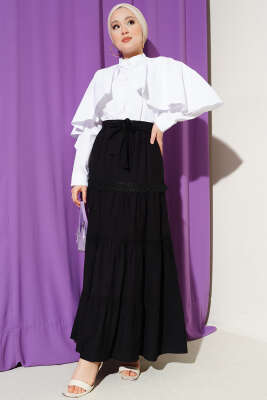 Bel Lastikli Kuşaklı Güpür Detay Etek Siyah - Etek