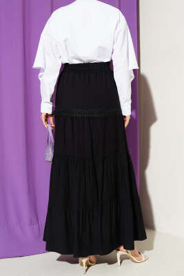 Bel Lastikli Kuşaklı Güpür Detay Etek Siyah - Etek