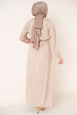 Bel Lastikli Kuşaklı Piliseli Elbise Bej - Tesettür Elbise