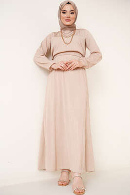 Bel Lastikli Kuşaklı Piliseli Elbise Bej 