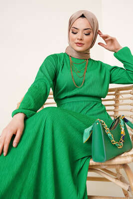 Bel Lastikli Kuşaklı Piliseli Elbise Benetton - Tesettür Elbise