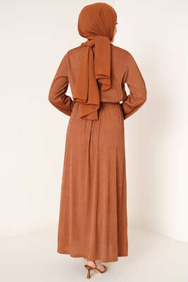 Bel Lastikli Kuşaklı Piliseli Elbise Camel - Tesettür Elbise