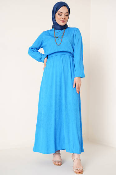 Bel Lastikli Kuşaklı Piliseli Elbise İndigo - Tesettür Elbise