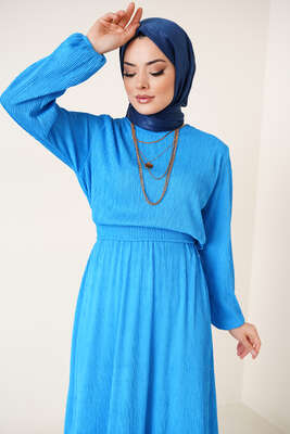 Bel Lastikli Kuşaklı Piliseli Elbise İndigo - Tesettür Elbise