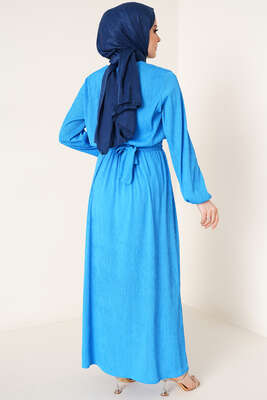 Bel Lastikli Kuşaklı Piliseli Elbise İndigo - Tesettür Elbise
