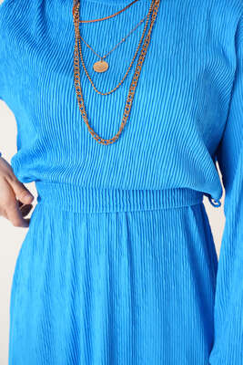 Bel Lastikli Kuşaklı Piliseli Elbise İndigo - Tesettür Elbise