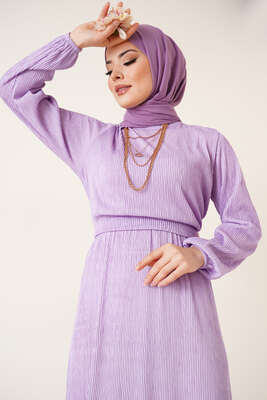 Bel Lastikli Kuşaklı Piliseli Elbise Lila - Tesettür Elbise
