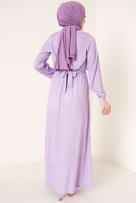 Bel Lastikli Kuşaklı Piliseli Elbise Lila - Tesettür Elbise