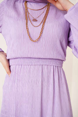 Bel Lastikli Kuşaklı Piliseli Elbise Lila - Tesettür Elbise