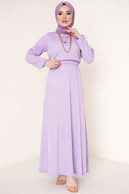 Bel Lastikli Kuşaklı Piliseli Elbise Lila 