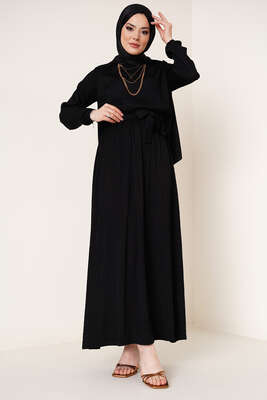 Bel Lastikli Kuşaklı Piliseli Elbise Siyah 