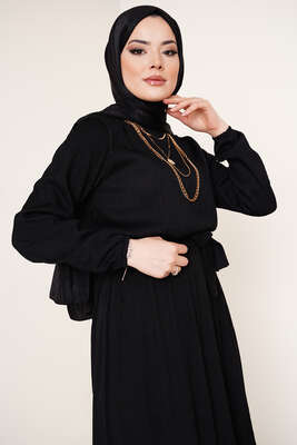 Bel Lastikli Kuşaklı Piliseli Elbise Siyah - Tesettür Elbise