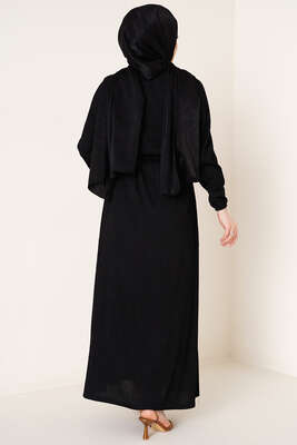 Bel Lastikli Kuşaklı Piliseli Elbise Siyah - Tesettür Elbise