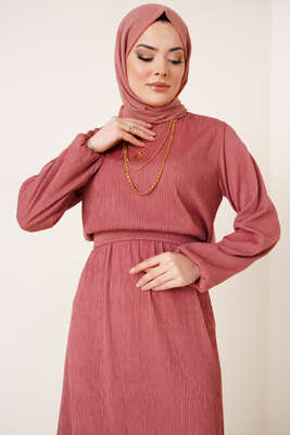 Bel Lastikli Kuşaklı Piliseli Elbise Tarçın - Tesettür Elbise