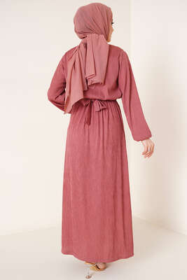 Bel Lastikli Kuşaklı Piliseli Elbise Tarçın - Tesettür Elbise