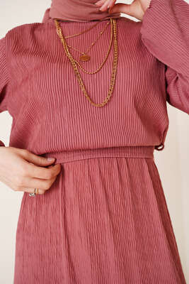 Bel Lastikli Kuşaklı Piliseli Elbise Tarçın - Tesettür Elbise