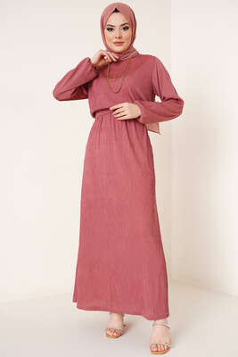 Bel Lastikli Kuşaklı Piliseli Elbise Tarçın 