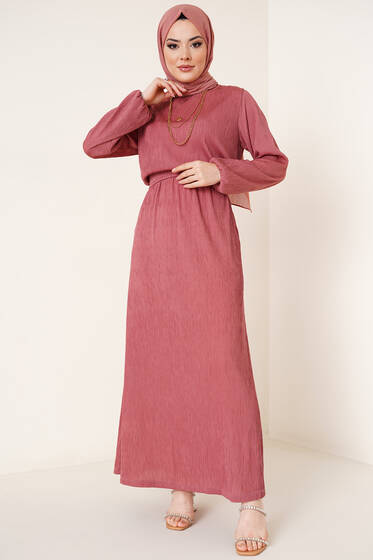 Bel Lastikli Kuşaklı Piliseli Elbise Tarçın - Tesettür Elbise