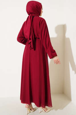 Bel Lastikli Kuşaklı Tül Elbise Bordo - Tesettür Elbise
