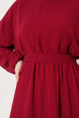 Bel Lastikli Kuşaklı Tül Elbise Bordo - Tesettür Elbise