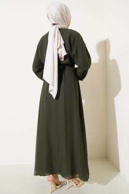 Bel Lastikli Kuşaklı Tül Elbise Haki - Tesettür Elbise