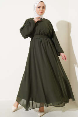 Bel Lastikli Kuşaklı Tül Elbise Haki 