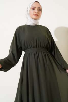 Bel Lastikli Kuşaklı Tül Elbise Haki - Tesettür Elbise