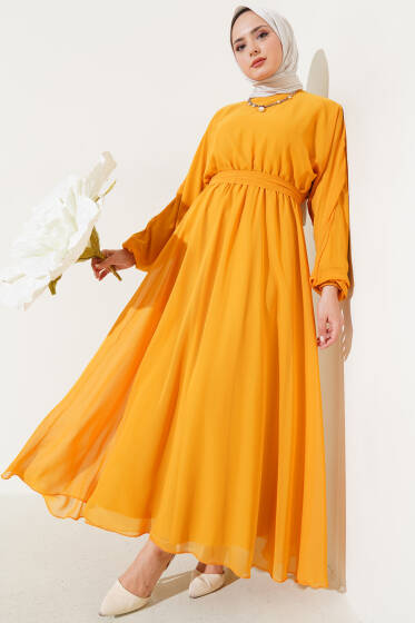 Bel Lastikli Kuşaklı Tül Elbise Hardal - Tesettür Elbise