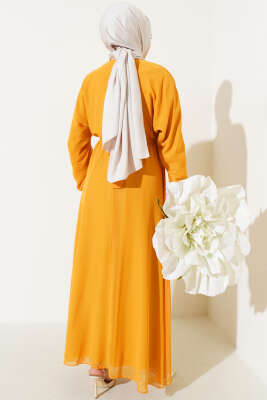 Bel Lastikli Kuşaklı Tül Elbise Hardal - Tesettür Elbise
