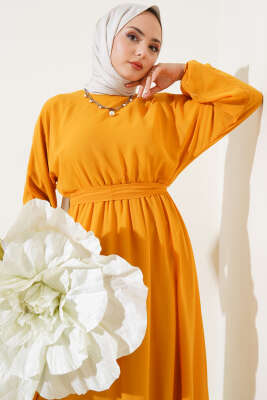 Bel Lastikli Kuşaklı Tül Elbise Hardal - Tesettür Elbise