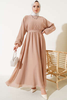 Bel Lastikli Kuşaklı Tül Elbise Latte - Tesettür Elbise