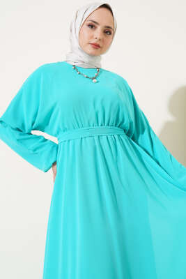 Bel Lastikli Kuşaklı Tül Elbise Mint Yeşili - Tesettür Elbise