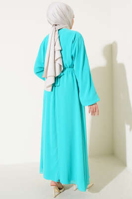 Bel Lastikli Kuşaklı Tül Elbise Mint Yeşili - Tesettür Elbise