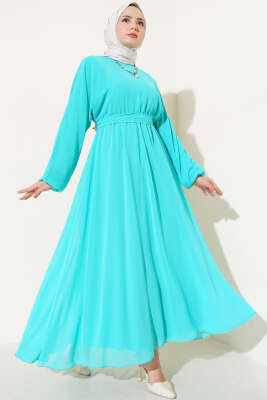 Bel Lastikli Kuşaklı Tül Elbise Mint Yeşili 