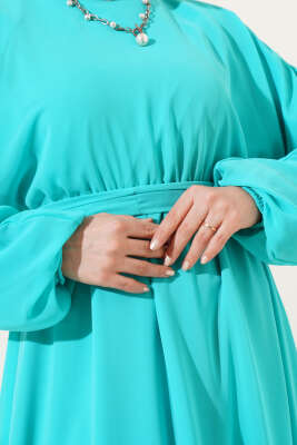 Bel Lastikli Kuşaklı Tül Elbise Mint Yeşili - Tesettür Elbise