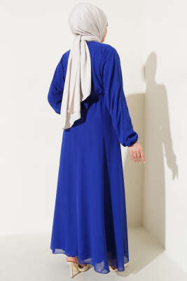 Bel Lastikli Kuşaklı Tül Elbise Parlement - Tesettür Elbise