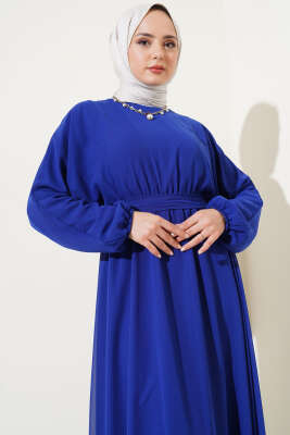 Bel Lastikli Kuşaklı Tül Elbise Parlement - Tesettür Elbise