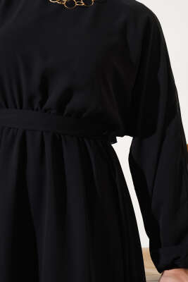 Bel Lastikli Kuşaklı Tül Elbise Siyah - Tesettür Elbise